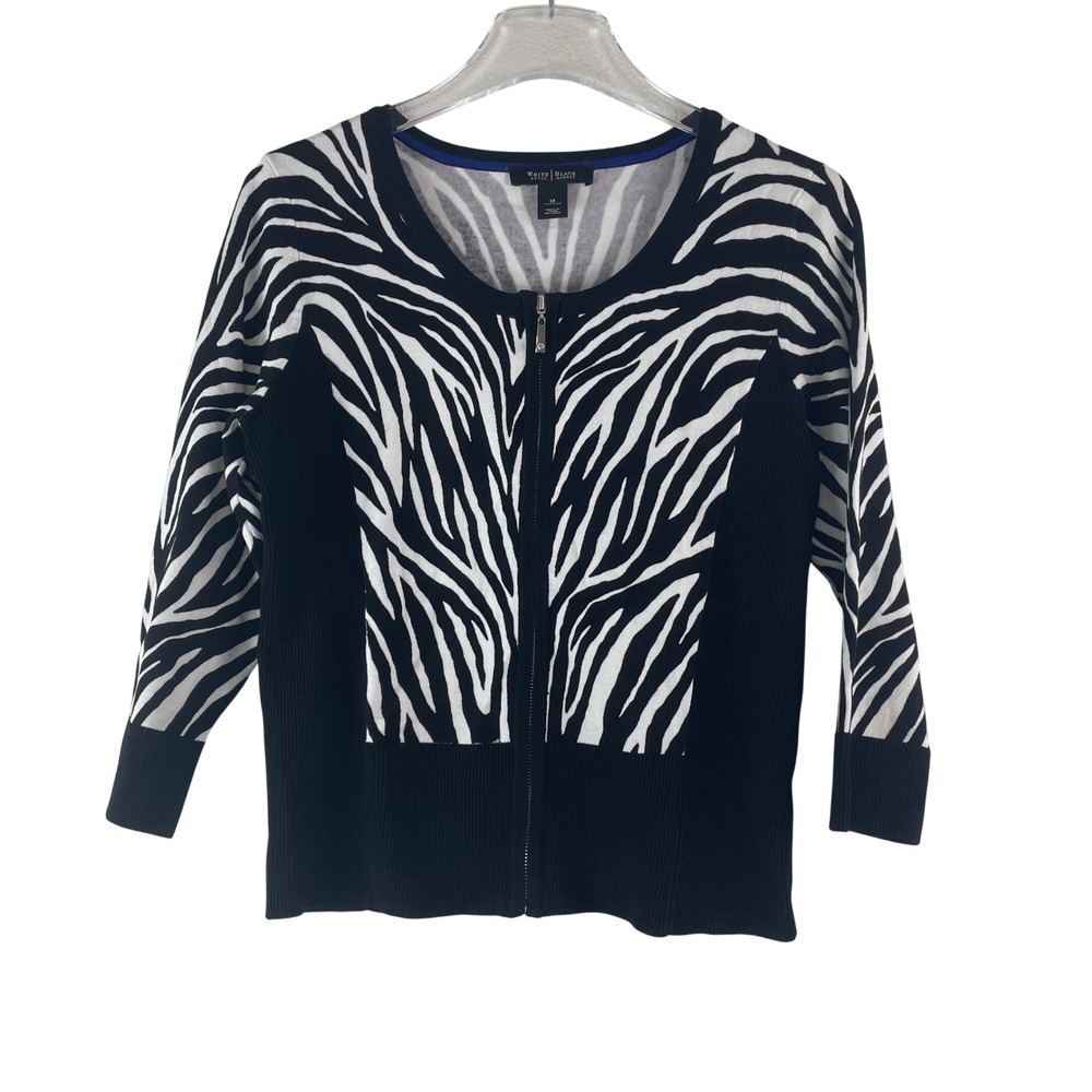 White House Black Market Zip Up Cardigan M Zebra Print Ribbed Mob Wife Glam Bold